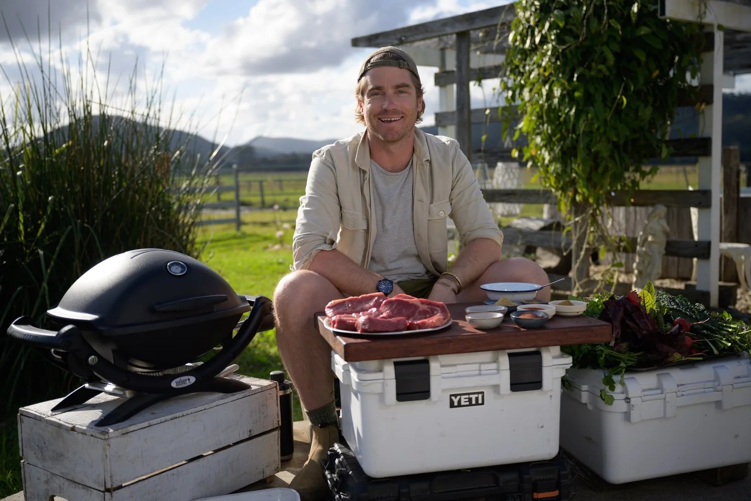 On location cooking Mixed Grill and Salad