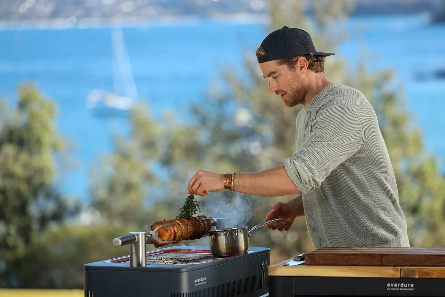 On location cooking Rotisserie Mushroom with Cauliflower Tabbouleh